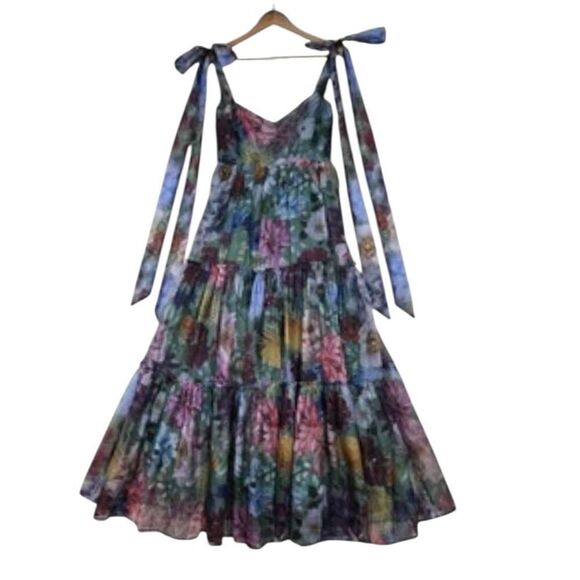 Audrey Parks Alahna Floral Tiered Tie Straps Bows Boho Cottage Core Sundress Max - Picture 4 of 6